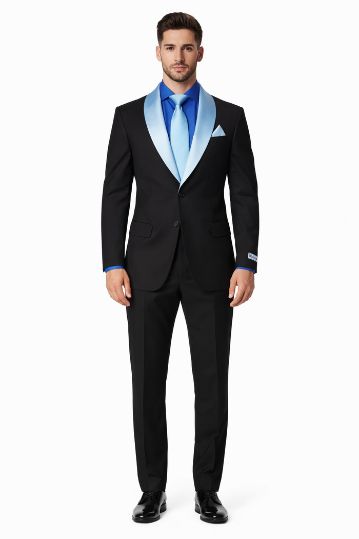 Men’s Black Tuxedo with Contrast White & Blue Lapel – Wedding & Prom style