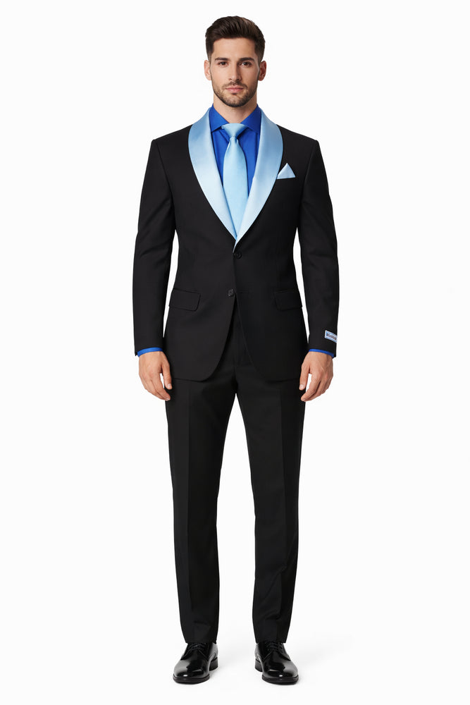 Men’s Black Tuxedo with Contrast White & Blue Lapel – Wedding & Prom style