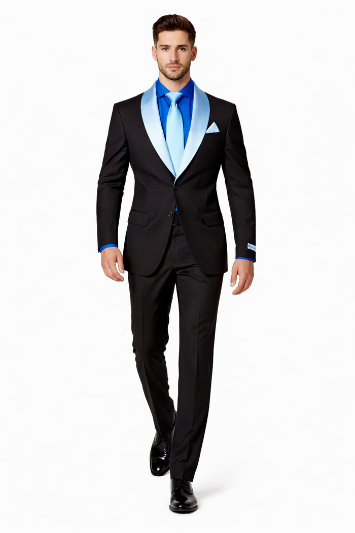 Men’s Black Tuxedo with Contrast White & Blue Lapel – Wedding & Prom style