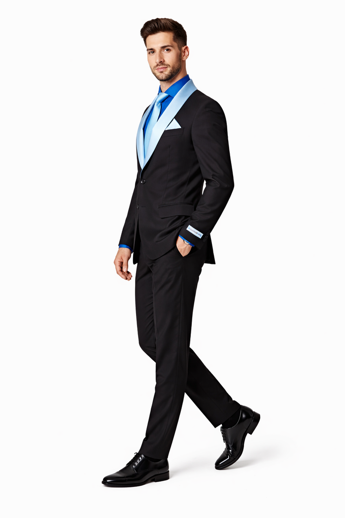 Men’s Black Tuxedo with Contrast White & Blue Lapel – Wedding & Prom style