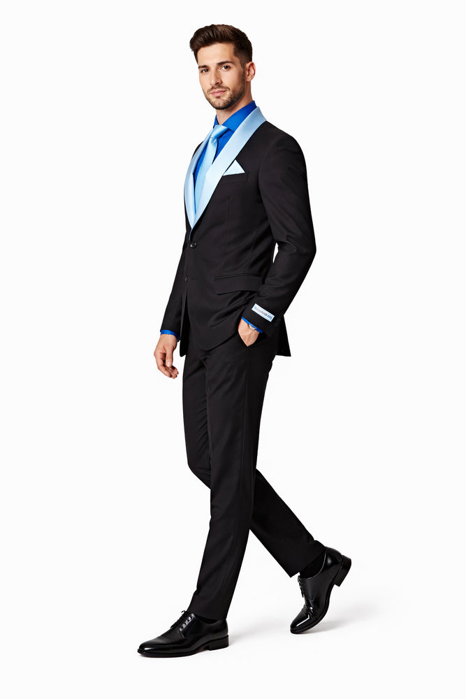 Men’s Black Tuxedo with Contrast White & Blue Lapel – Wedding & Prom style
