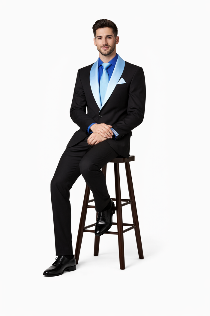 Men’s Black Tuxedo with Contrast White & Blue Lapel – Wedding & Prom style