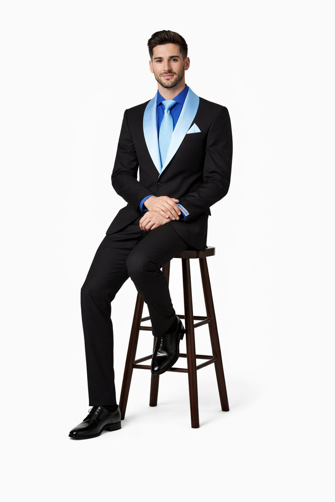 Men’s Black Tuxedo with Contrast White & Blue Lapel – Wedding & Prom style