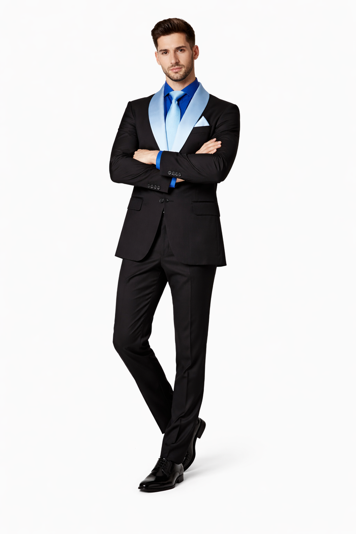 Men’s Black Tuxedo with Contrast White & Blue Lapel – Wedding & Prom style