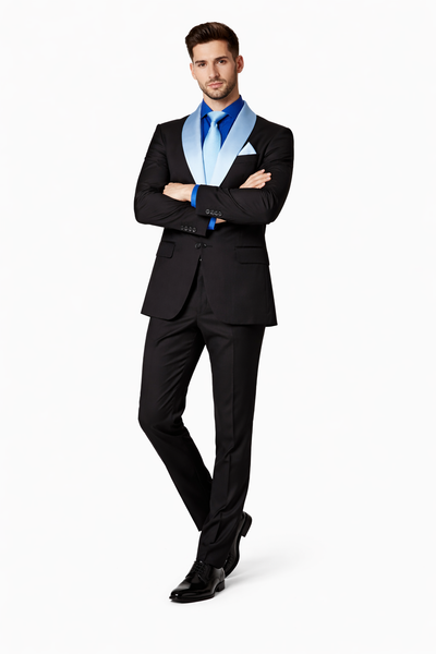 Men’s Black Tuxedo with Contrast White & Blue Lapel – Wedding & Prom style