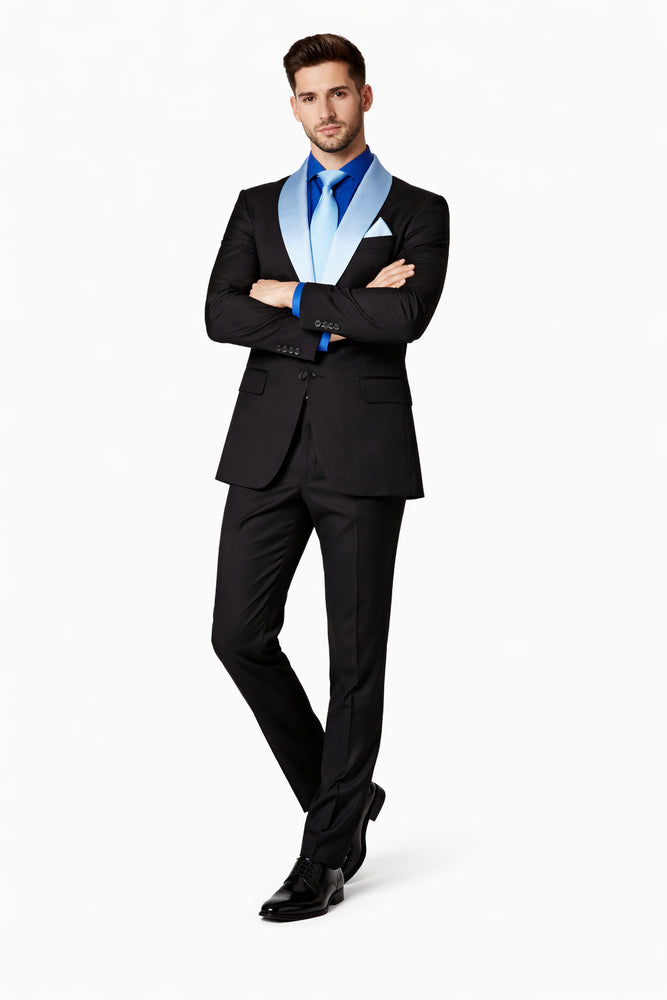 Men’s Black Tuxedo with Contrast White & Blue Lapel – Wedding & Prom style