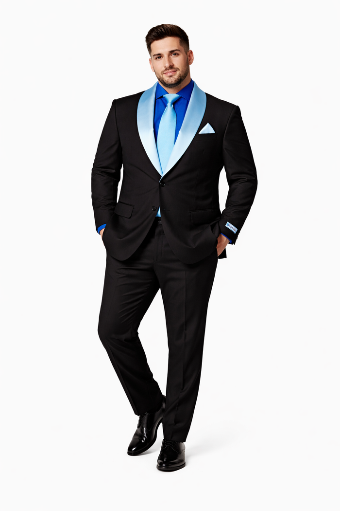 Men’s Black Tuxedo with Contrast White & Blue Lapel – Wedding & Prom style