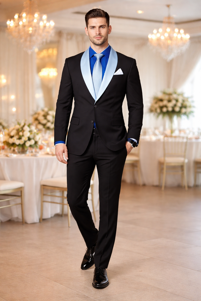 Men’s Black Tuxedo with Contrast White & Blue Lapel – Wedding & Prom style
