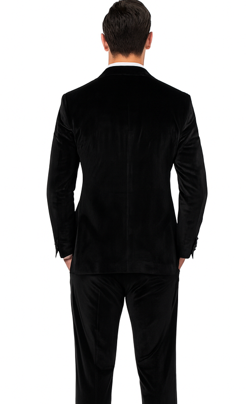 Formal Black Velvet Suit for Men – Slim Fit Peak Lapel Tuxedo Style by Tazzio