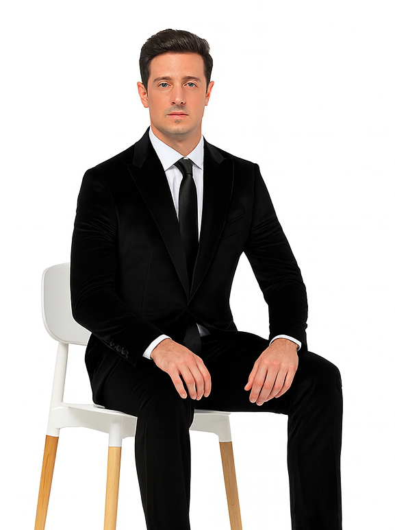 Formal Black Velvet Suit for Men – Slim Fit Peak Lapel Tuxedo Style by Tazzio