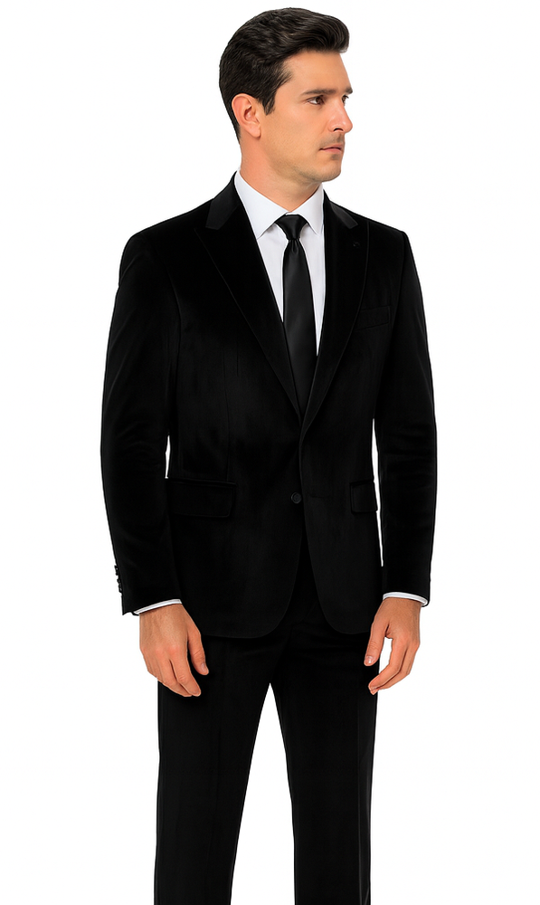 Formal Black Velvet Suit for Men – Slim Fit Peak Lapel Tuxedo Style by Tazzio