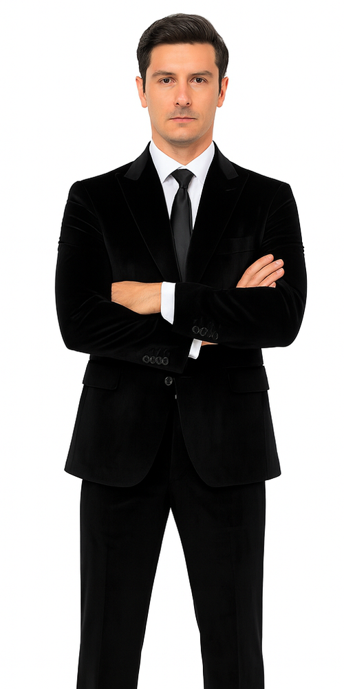 Formal Black Velvet Suit for Men – Slim Fit Peak Lapel Tuxedo Style by Tazzio