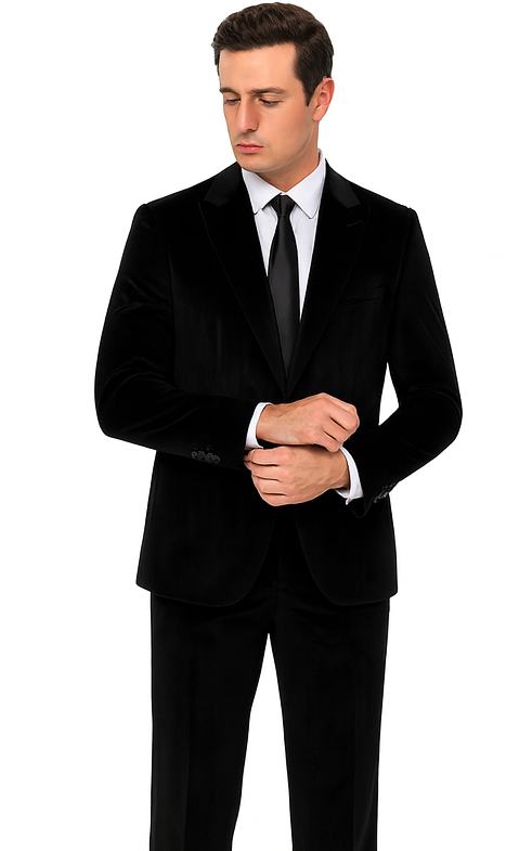 Formal Black Velvet Suit for Men – Slim Fit Peak Lapel Tuxedo Style by Tazzio