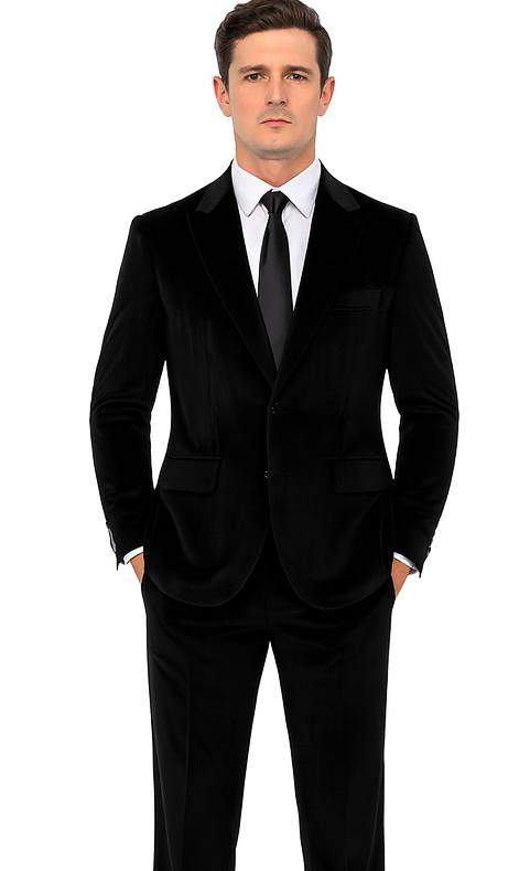 Formal Black Velvet Suit for Men – Slim Fit Peak Lapel Tuxedo Style by Tazzio