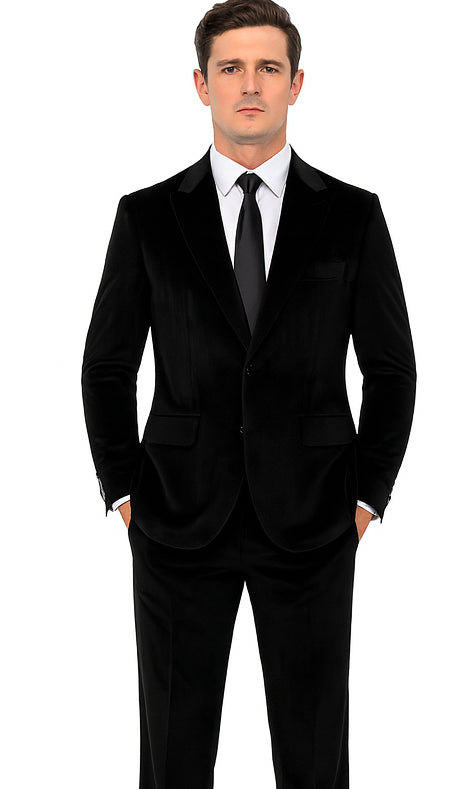 Formal Black Velvet Suit for Men – Slim Fit Peak Lapel Tuxedo Style by Tazzio
