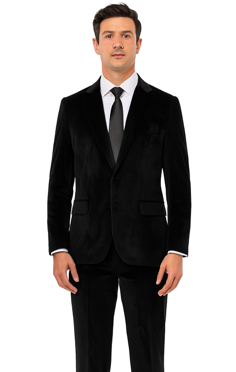 Formal Black Velvet Suit for Men – Slim Fit Peak Lapel Tuxedo Style by Tazzio