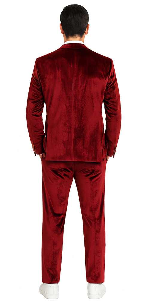 Formal Burgundy Velvet Suit for Men – 2-Piece Slim Fit Blazer and Pants by Tazzio
