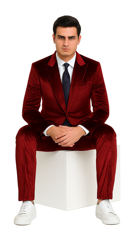 Formal Burgundy Velvet Suit for Men – 2-Piece Slim Fit Blazer and Pants by Tazzio