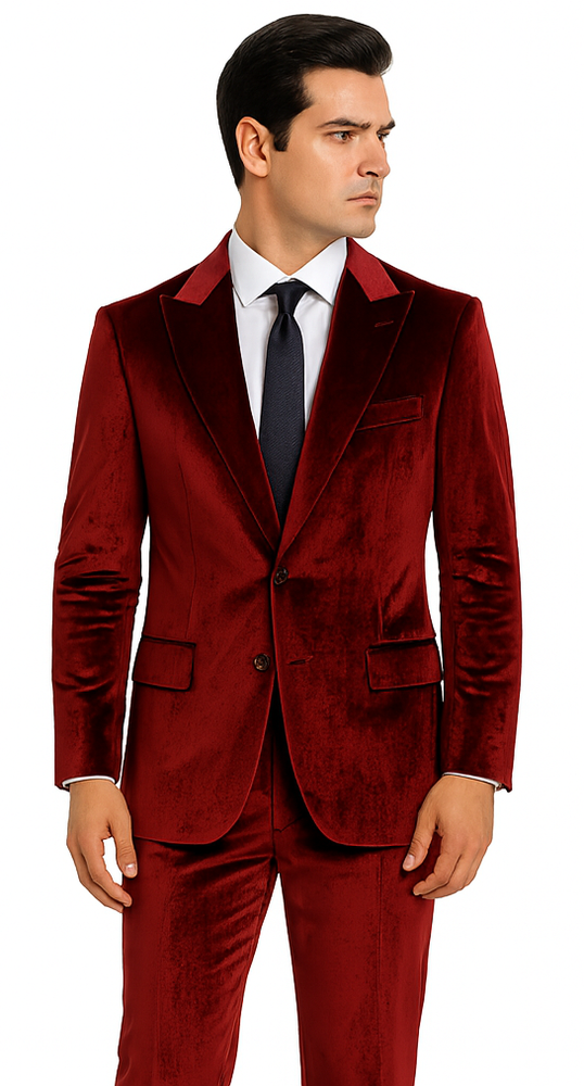 Formal Burgundy Velvet Suit for Men – 2-Piece Slim Fit Blazer and Pants by Tazzio