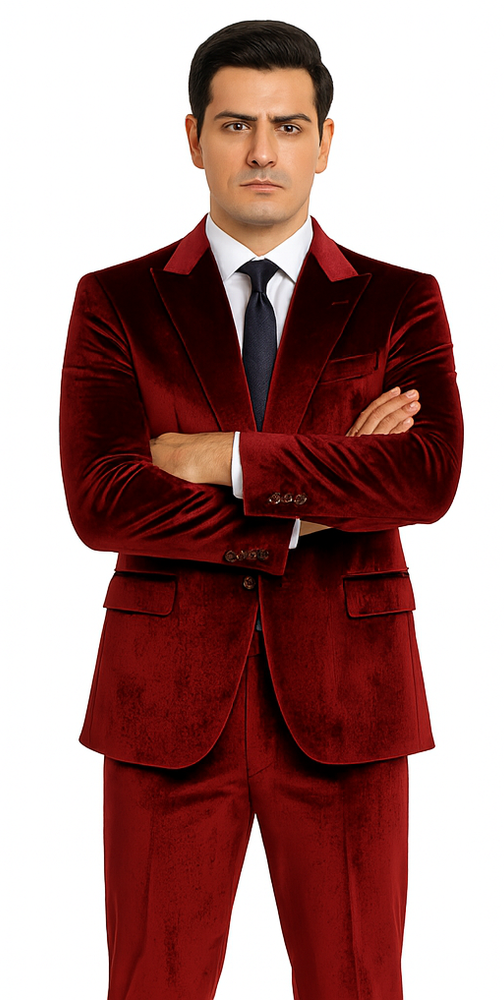 Formal Burgundy Velvet Suit for Men – 2-Piece Slim Fit Blazer and Pants by Tazzio