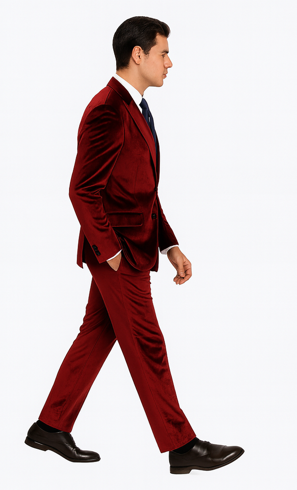 Formal Burgundy Velvet Suit for Men – 2-Piece Slim Fit Blazer and Pants by Tazzio
