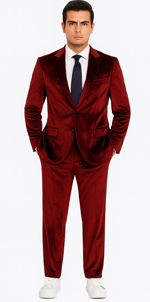 Formal Burgundy Velvet Suit for Men – 2-Piece Slim Fit Blazer and Pants by Tazzio