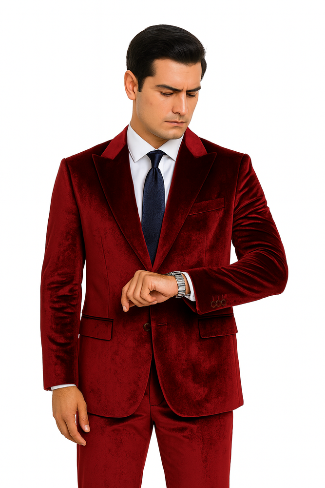 Formal Burgundy Velvet Suit for Men – 2-Piece Slim Fit Blazer and Pants by Tazzio