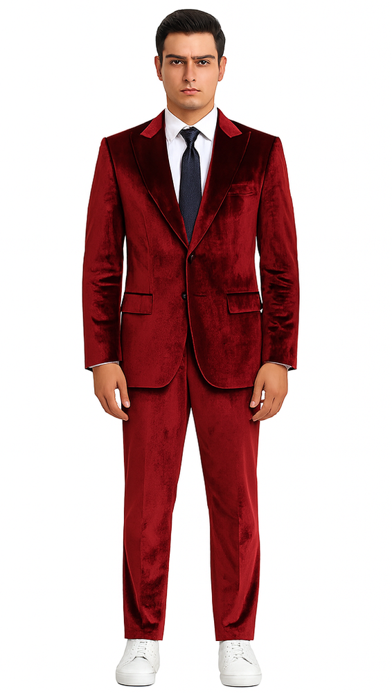 Formal Burgundy Velvet Suit for Men – 2-Piece Slim Fit Blazer and Pants by Tazzio