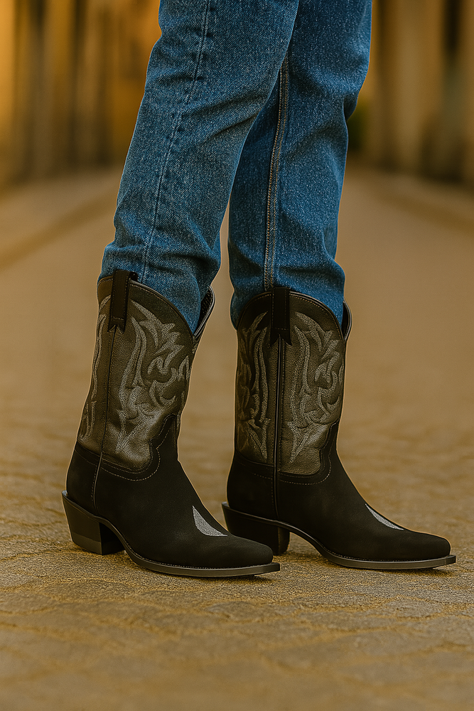 Men's King Exotic Snip Toe Stingray Boots Single Stone Handmade Black (4941205-)