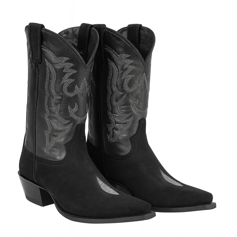 Men's King Exotic Snip Toe Stingray Boots Single Stone Handmade Black (4941205-)