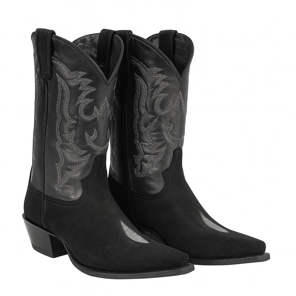 Men's King Exotic Snip Toe Stingray Boots Single Stone Handmade Black (4941205-)