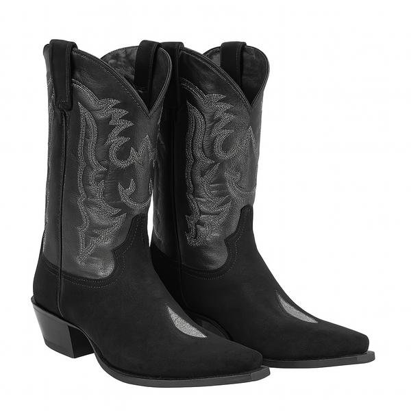 Men's King Exotic Snip Toe Stingray Boots Single Stone Handmade Black (4941205-)