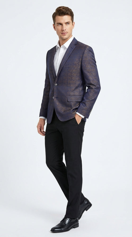 Men’s Navy Blue Plum Burgundy and Gold Jacquard Blazer – Elegant Two Button Formal Dinner Jacket Sport Coat Paisley Floral