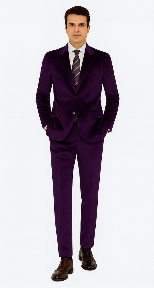 Men’s Purple Velvet Suit – 2-Piece Slim Fit Tuxedo Style Wedding & Prom Formalwear by Tazzio