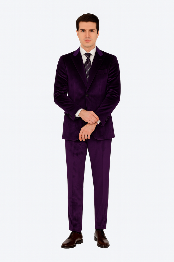 Men’s Purple Velvet Suit – 2-Piece Slim Fit Tuxedo Style Wedding & Prom Formalwear by Tazzio