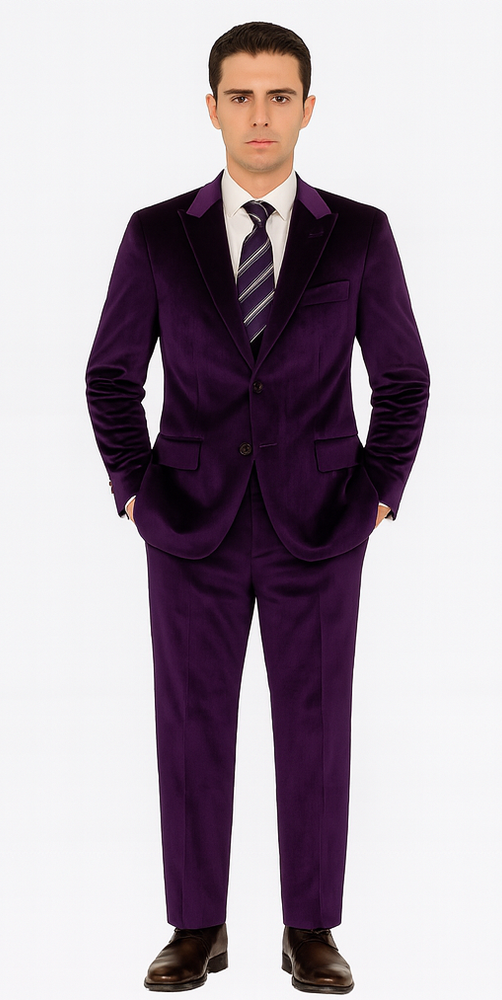 Men’s Purple Velvet Suit – 2-Piece Slim Fit Tuxedo Style Wedding & Prom Formalwear by Tazzio