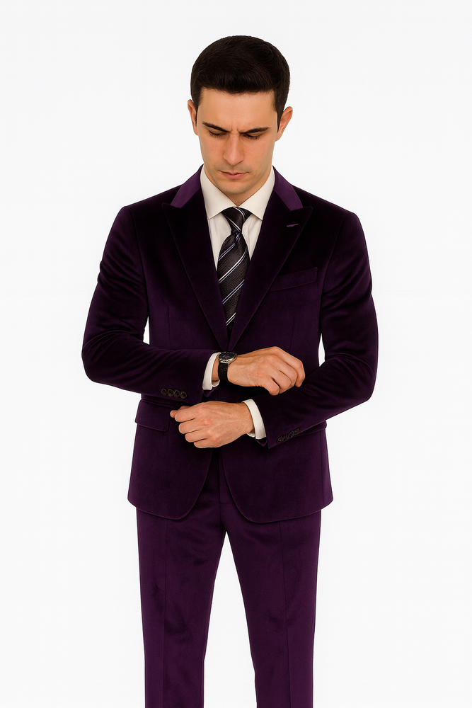 Men’s Purple Velvet Suit – 2-Piece Slim Fit Tuxedo Style Wedding & Prom Formalwear by Tazzio