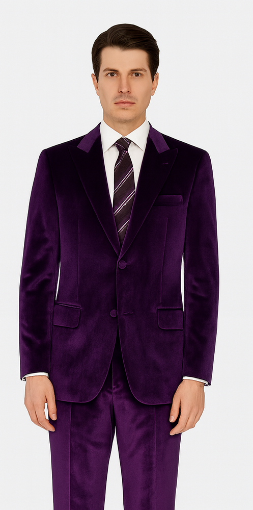 Men’s Purple Velvet Suit – 2-Piece Slim Fit Tuxedo Style Wedding & Prom Formalwear by Tazzio