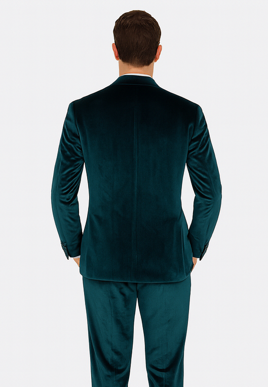 Tazzio Men’s Statement Velvet Suit – Teal Slim Fit Peak Lapel 2-Piece Look