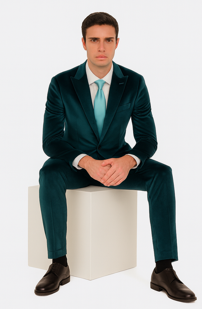 Tazzio Men’s Statement Velvet Suit – Teal Slim Fit Peak Lapel 2-Piece Look