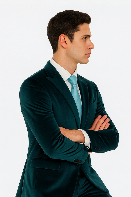 Tazzio Men’s Statement Velvet Suit – Teal Slim Fit Peak Lapel 2-Piece Look