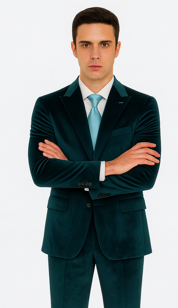 Tazzio Men’s Statement Velvet Suit – Teal Slim Fit Peak Lapel 2-Piece Look