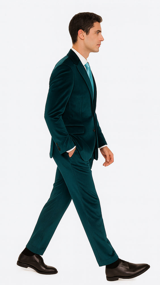 Tazzio Men’s Statement Velvet Suit – Teal Slim Fit Peak Lapel 2-Piece Look