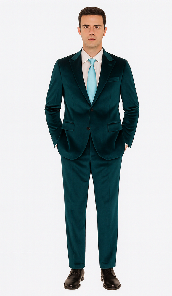 Tazzio Men’s Statement Velvet Suit – Teal Slim Fit Peak Lapel 2-Piece Look