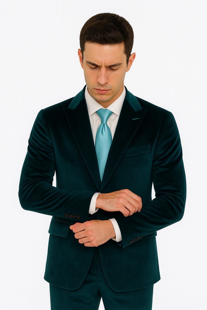Tazzio Men’s Statement Velvet Suit – Teal Slim Fit Peak Lapel 2-Piece Look