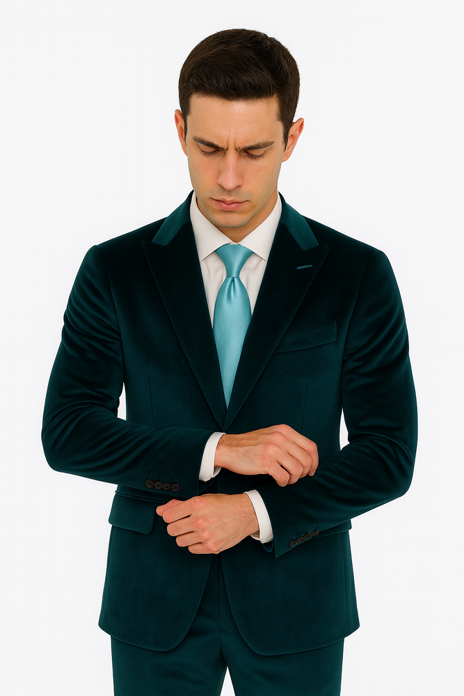 Tazzio Men’s Statement Velvet Suit – Teal Slim Fit Peak Lapel 2-Piece Look