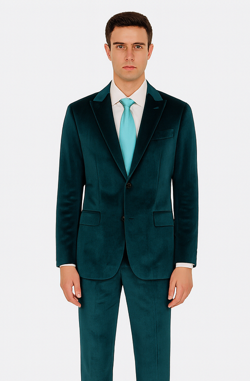 Tazzio Men’s Statement Velvet Suit – Teal Slim Fit Peak Lapel 2-Piece Look