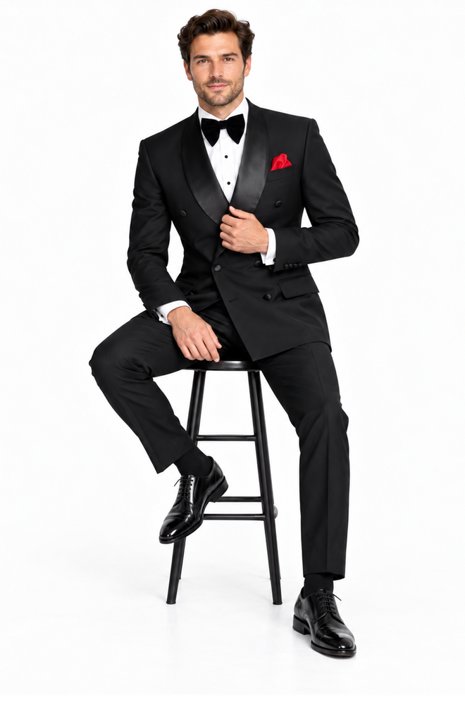 Men Six Button Black Double Breasted Tuxedo – 2 Piece