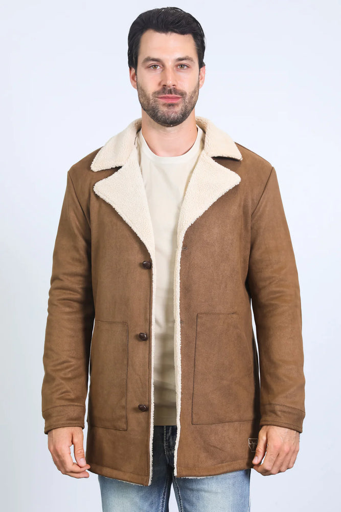 Mens Western Cowboy Long Coat – Brown Faux Suede Frontier Style Jacket