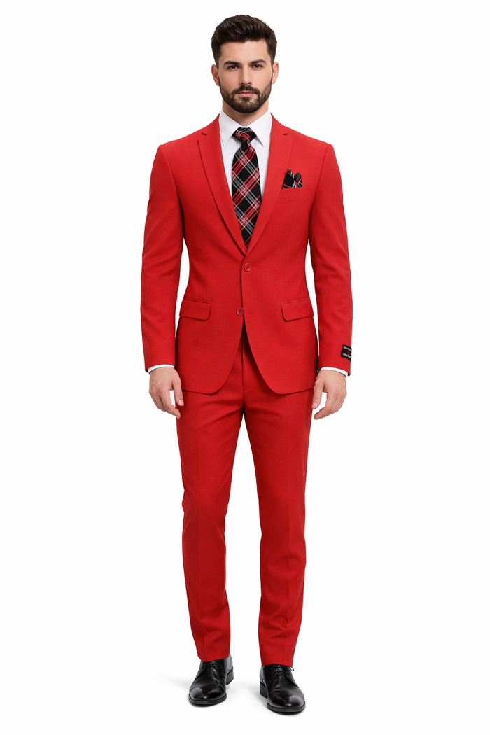 "Red Slim Fit Poplin Basic Suit for Men - 2 Button Style"